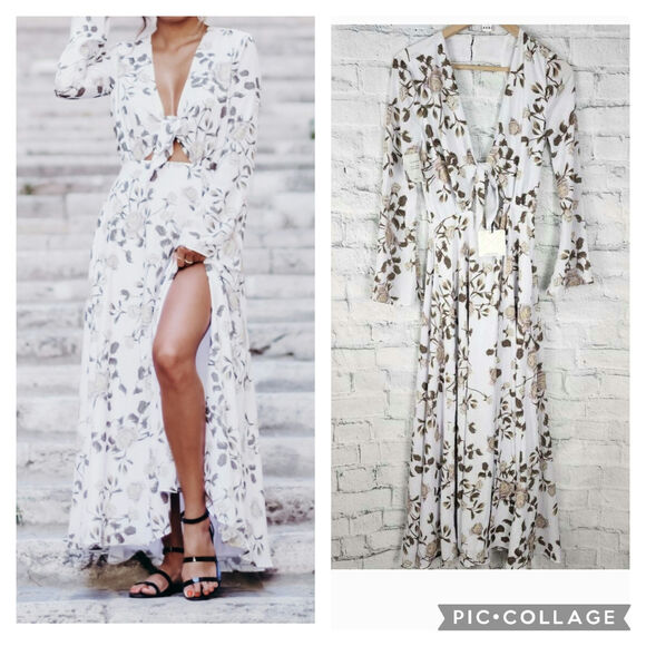 Fame and partners floral maxi Dress Sz 2 cut out long bell sleeve front tie A16C - Picture 1 of 4